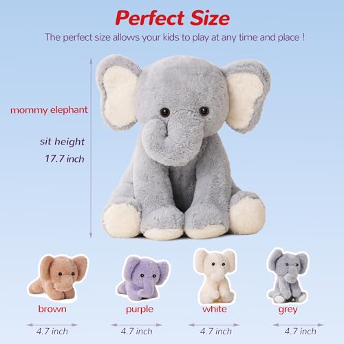 Elephant Stuffed Animals Mommy with 4 Baby Elephants Toys Gifts for Girls | Cute Stuffed Plush Toys Set for Toddlers Kids Ages 0-8+, Christmas Birthday Baby Shower Party Decor Storytime Companion Gifts - style: Elephant