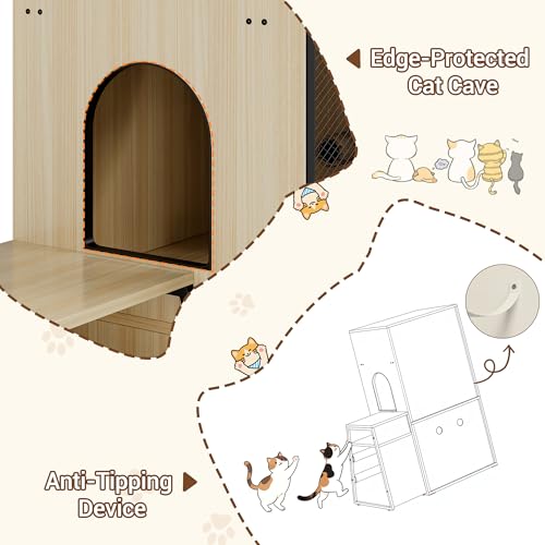 TrailBlaze Litter Box Enclosure with Platform, Double Layer Hidden Furniture, Modern Villa Cat Cabinet with Ladder, Hammock & Metal Mesh Door, Indoor Washroom Cat House-Burlywood - color: Burlywood