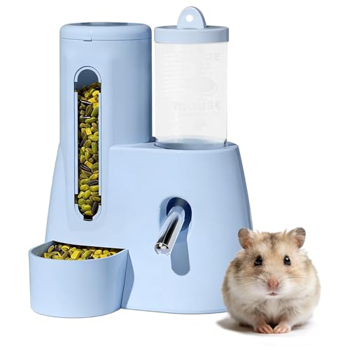 Hamster Water Bottle with Food Bowl,Hamster Cage Accessories 300ml+80ml | 2-in-1 Automatic Feeder and Water Bottle No Drip