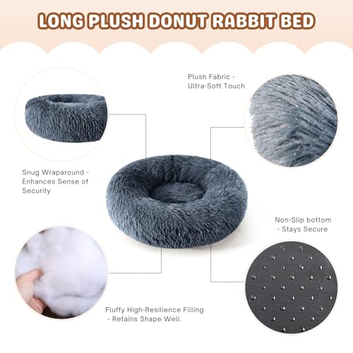 2 Pack Rabbit Bed, Fluffy Donut Shaped Bunny Hideout Comfort Sleeping Mat | Washable Comfort Hideaway Nest Bed for Guinea Pig, Kitten, Chihuahua, Small Pet - color: Dark Gray + Dark Gray