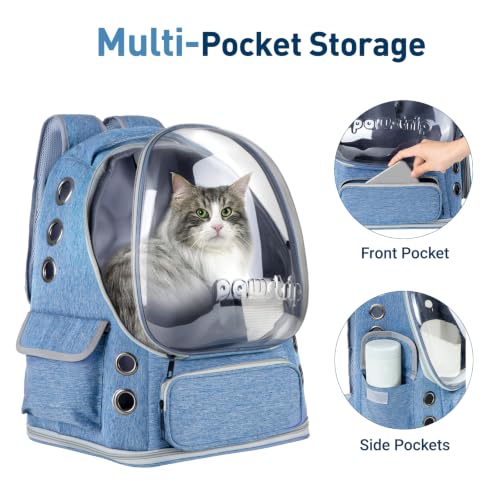 Cat Backpack Carrier Clear Bubble Window for Cats & Small Dogs up to 15 lb | Large Space Breathable Foldable Pet Carrier Airline Approved, Mesh Entry Safety Tether Washable Pad, Travel Hiking Outdoor - color: Blue