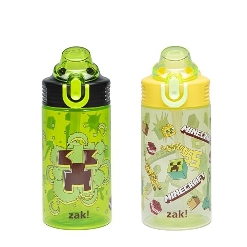 Zak Designs Minecraft Sage 16oz Leak-Proof Straw Kids Water Bottle, 2-Pack | BPA Free Durable Plastic, Cupholder Friendly, Dishwasher Safe, Easy to Clean, Lid Lock, Handle, For School, Home, Travel - color: Minecraft (Creeper)