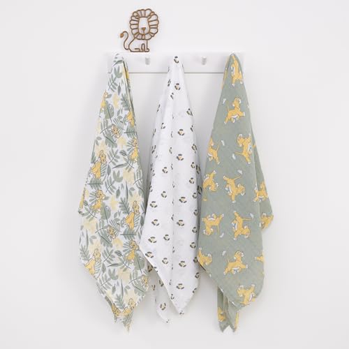 Disney Lion King 3 Piece Muslin Baby Swaddle Blanket Set 44x44 100% Cotton White - color: Lion King Sage
