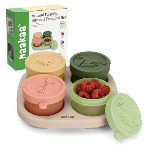 Haakaa Silicone Baby Food Containers, 4oz/120ml Baby Food Jars with Leakproof Animal Lids and Tray, Freezer-Safe Storage for Homemade Purees, Snacks & Meal Prep, 4 Pack, Oat Tray - color: Oat Tray
