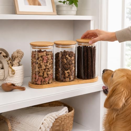 Dog Treat Jar-Dog Treat Container-with 3 Glass Jars and1bambootray,Fashionable Treat Containers with Lids for Pets-Cat Treat Container Glass & Bamboo Combo Set,for Cat Dog Treat Organizer(3 * 25oz)