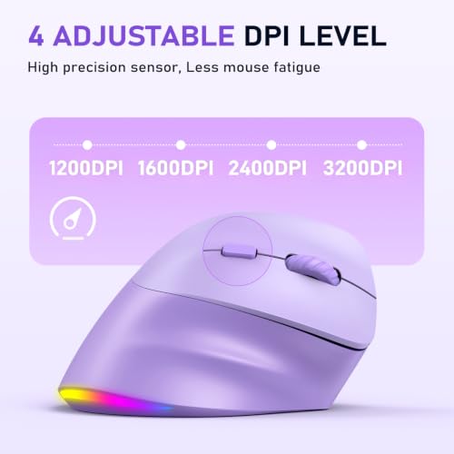 MEETION Ergonomic Wireless Vertical Mouse, Rechargeable, Purple | Bluetooth 5.2 + 3.0 and USB connectivity, RGB backlight, 4 DPI adjustment, compatible with Windows, Mac, Android, PC and iPad - color: Right Purple