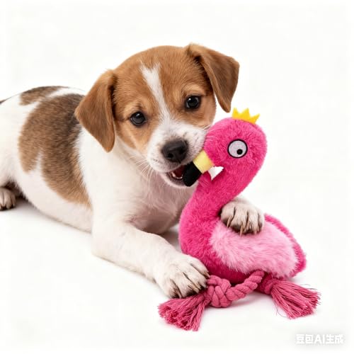 Plush Flamingo Dog Toy with Squeaker and Rope Legs for Small Dogs Puppies | Soft plush material with fun sounds, perfect for tugging, fetching, indoor play and bonding with your furry companion. - color: Pink Flamingo