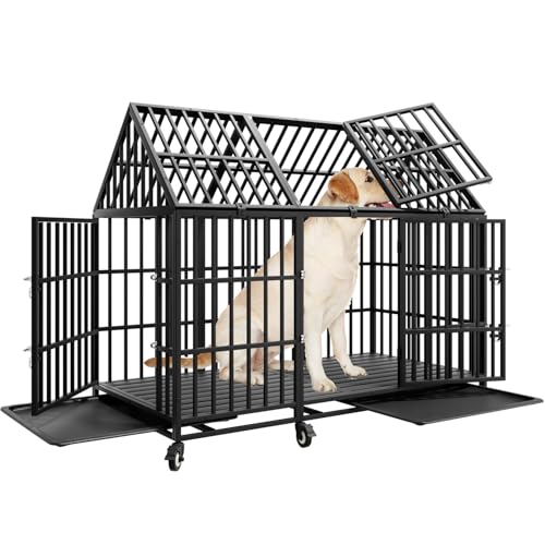 61 inch Heavy Duty Indestructible Dog Crate, Escape-Proof Chewproof Pet Kennel for Large Giant Dogs, Steel Indoor High Anxiety Cage with 6 Wheels, 6 Locks, 2 Trays, 3 Doors, Extra Large XL XXL - size: 60.2"L x 32.7"W x 50.8"H