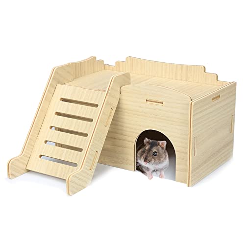 Syrian Hamster Hide with Wooden House, Climbing Ladder and Window, Detachable Hut Play/Chew/Hide
