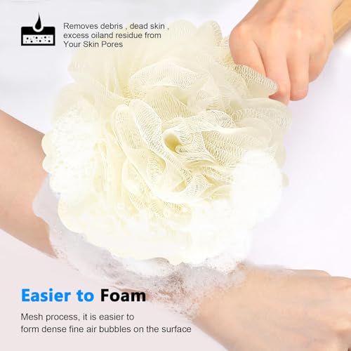 FORENEE White Loofah on a Stick, PE Mesh Back Scrubber with Wood Handle | Soft PE mesh for rich lather and gentle cleansing; water-resistant coating on the wood handle and hanging loop for drying. - style: White