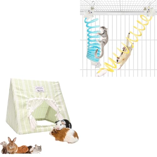 Sugar Glider & Small Pet Play Bundle - Elastic Climbing Ropes (2PCS Blue/Yellow) + Large Hideout for Guinea Pigs, Rabbits, Ferrets
