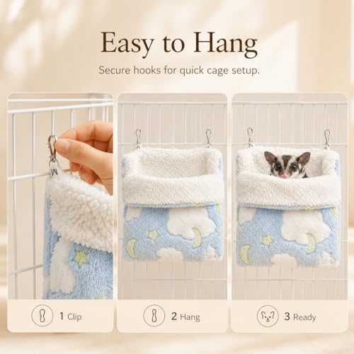 Meow&Woof Sugar Glider Bed Pouch, Small Animal Carrier Bag, 2PC Ferret Bedding Hammock, Hamster Cage Accessories for Rat, Squirrel and Chinchilla (Blue&Green)