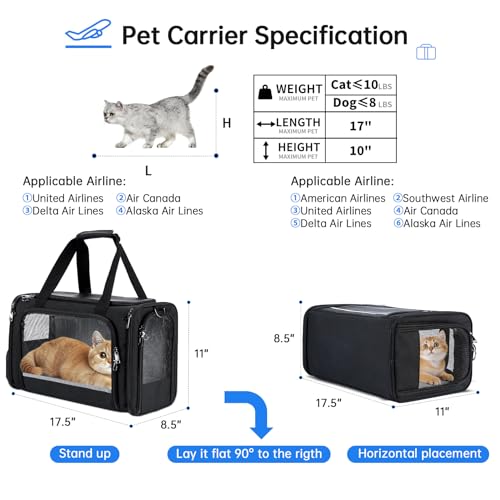 Cat Carrier Pet Travel Carrier by Airplane Approved Under Seat, TSA Airline Approved Soft-Sided Carrier Bag for Cats, Dogs, 17.5 x 8.5 x 11 Inches, Black - color: Black