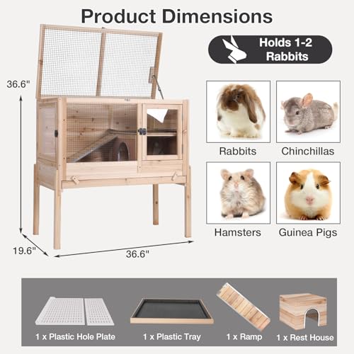 Guinea Pig Cage with Wooden Stand - Hamster Cage, Small Animal Cage Anti Chew Ramp, Hideout, Platform, Pull Out Tray (Wood, L) - color: Wood
