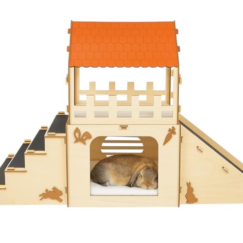 OtterPets Extra Large Bunny Hideout, Wooden Rabbit Castle with Fleece Mats | Pet-safe wood joints (no rubber bands), rabbit hideout made of safe wood, bunny house indoor; chinchilla and guinea pig safe - color: Pet Safe Wood Joints