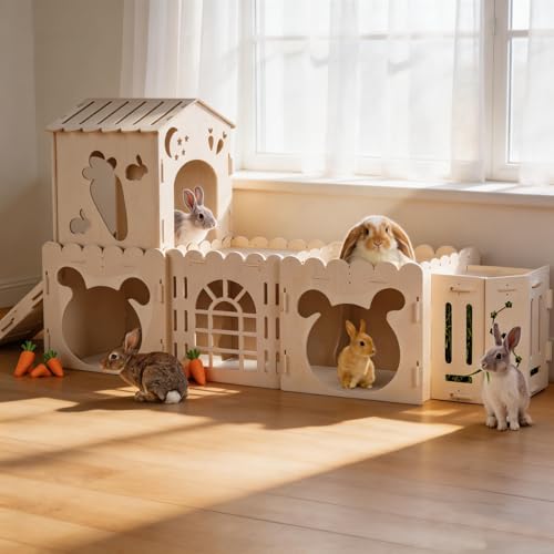 Extra Large Rabbit House, Wooden Bunny Castles with 4 Houses and Hay Feeder, Indoor Guinea Pig Castles Multistory Climbing Tower, Sturdy Wooden Bunny Cage Indoor, Small Animal Pet Rabbit Habitat - size: 4 Houses with Feeder