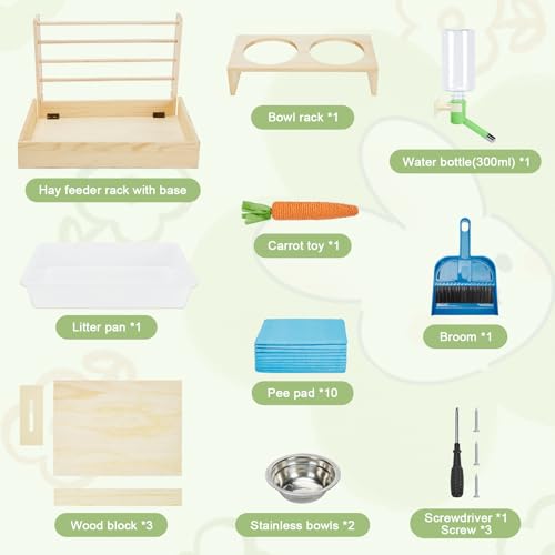 4 in 1 Rabbit Hay Feeder with Litter Box, Small Animals Hay Rack with Water Bottle, and 2 Bowls, Wooden Bunny Hay Holder Feeder Toilet Combo for Rabbit, Guinea Pig, Hamster, Hedgehog, Chinchillas