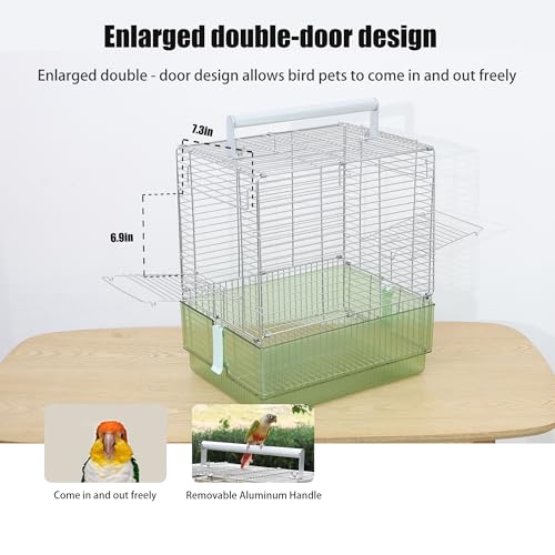 304 Stainless Steel Travel Bird Cage, 17 Inch Foldable Carrier for Conures Cockatiels Grey Parrots Caiques, with Aluminum Handle Perch (Green, Large Birdcage) - color: green