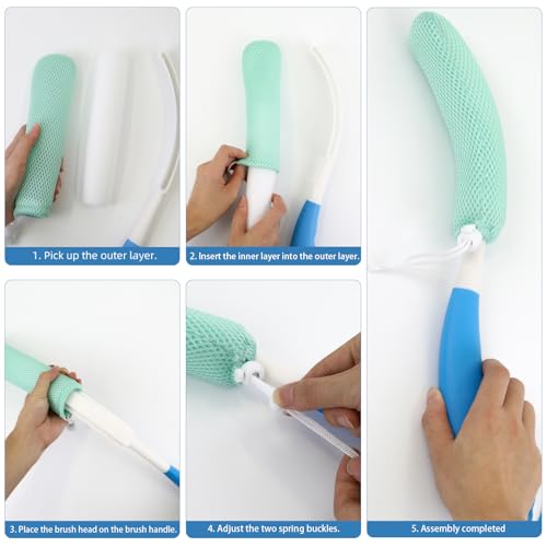 Shower Back Body Brush with Long Handle，15.35"Back Scrubber for Men & Women | Body Brush for Bath with Anti Slip Long Handle,Exfoliating Mesh Sponge Body Scrubber, Removable Curved Back Scrub Brush - size: Black+Pink Handle