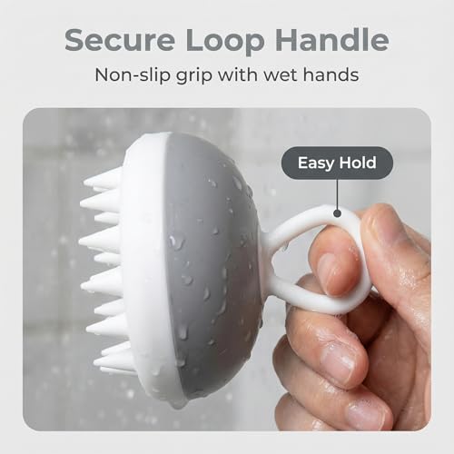 Dog Bath Brush, Gray Silicone Scrubber with Soft Spikes and Loop Handle for Shampooing, Compact Round Grooming Tool for Tub Sink or Shower Use