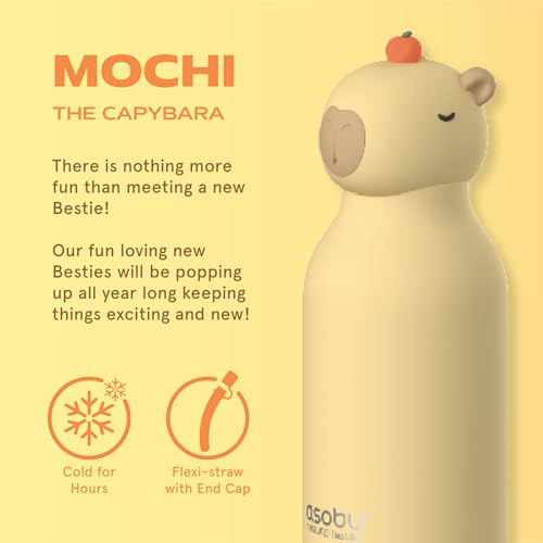 asobu Bestie Bottle Limited Edition Collectible Water Bottle with Animal Character Lid 16oz (460ml) Insulated Stainless Steel, Leakproof, Reusable with Straw Fun Gift for Girls & Boys - color: MOCHI THE CAPYBARA