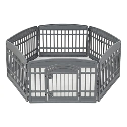 IRIS USA 6-Panel Dog Playpen with Door, Pet Enclosure, Gray | Heavy Duty Plastic, Multiple Pets, Indoor Outdoor, Portable, Foldable Design, Easy Assembly - color: Gray, size: 6 Panel - 24" H