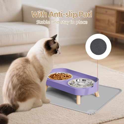 Elevated Cat Bowl with Food Mat, Raised Cat Food and Water Bowl Set for Indoor Cats, Splash Proof with 2 Stainless Steel Pet Food Bowls for Cat and Puppies,Whisker Fatigue and Dishwasher Safe (Purple) - color: Cat Bowls with mat - purple