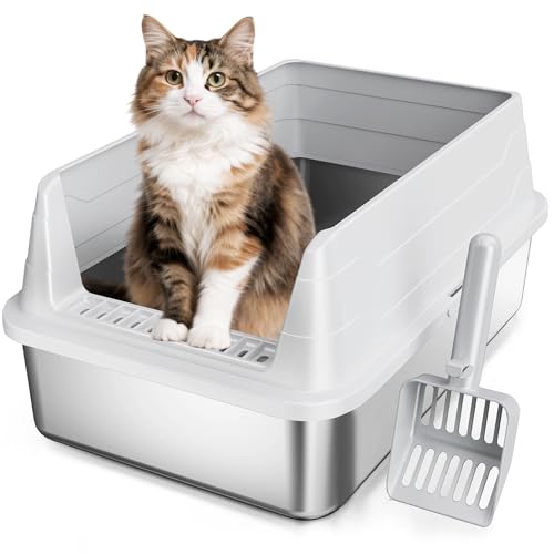 Stainless Steel Cat Litter Box for Small Cats, Odor Free Metal Litter Box | High Sides Lid Open Top Low Entry Litter Pan Easy Cleaning Kitty Cat Box Anti-Urine Leakage Non-Sticky Include Scoop - color: Light Grey S