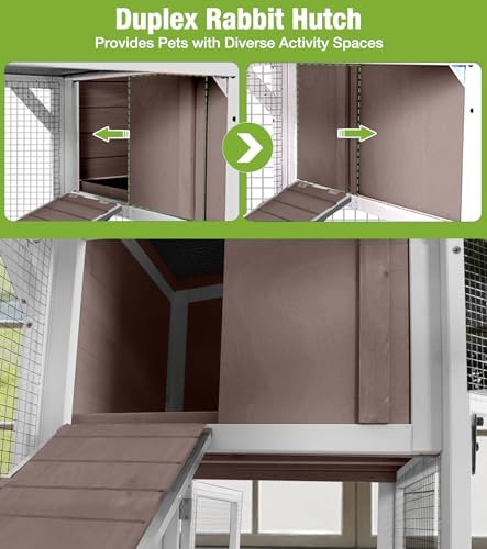 GUTINNEEN Wooden Duplex Rabbit Cage on Wheels with Chew-Proof Ramp, Brown | 4 mobile swivel casters, 2-story design, waterproof rain cover, 5 access doors, 2 sliding trays - color: Brown