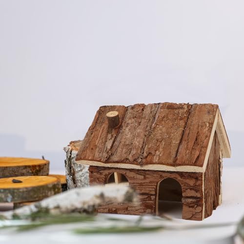 Hypeety Natural Wooden Hamster House Cage Small Animals House with Chimney | Natural solid wood, chew-proof and ventilated play house, for hamsters/gerbils/mice, no assembly required, 5.1x4.3x3.5'', S - size: S