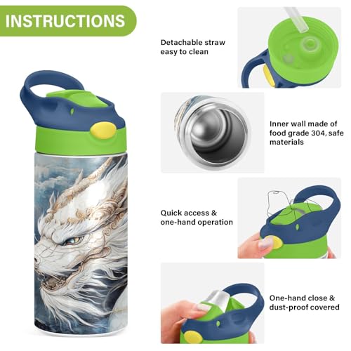 OTVEE White Dragon Kids Water Bottle with Straw Lid 12 oz Insulated Stainless Steel Leakproof Duck Mouth Tumbler Cup for Boys Girls Teen School - color: White Dragon