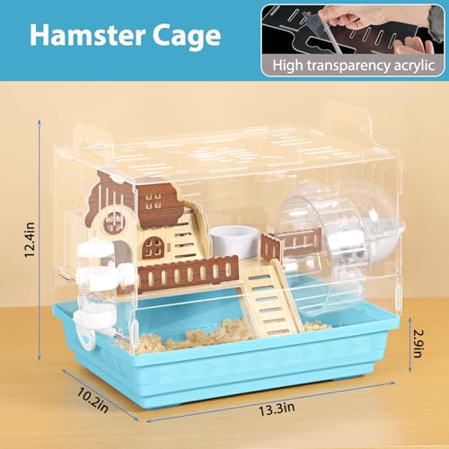 Hamster Cage Acrylic Hamster Habitats 360°Panoramic View Small Animal Cage for Rat Mice Dwarf Hamster, Gerbils, 13.3" L x 10.2" W x 12.4" H Hamster House with Water Bottle, Wheel, Hideout, Platform - color: Blue, size: 13.3"L x 10.2"W x 12.4"H