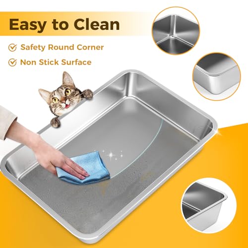 Stainless Steel Cat Litter Box,Extra Large Metal Litter Box,24Lx16x4 in | Extra Large Metal Litter Tray for Big Cats Kitty Rabbits,No Smell,Non Stick,Easy to Clean - color: 4"H, size: 24"L x 16"W