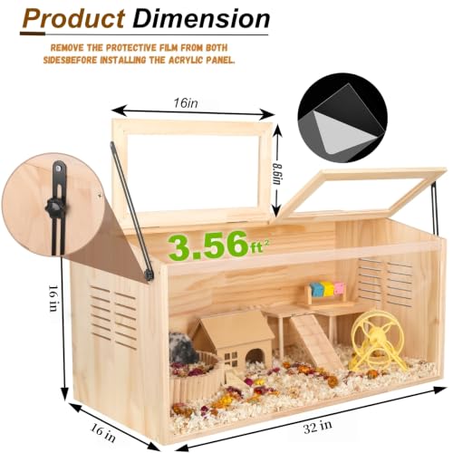 Wooden Hamster Cage,32" Lx16 Wx16 H,2 Washable Liner, Animal Cabinet for Dwarf Syrian Hamsters Degus, Hamster Habitat with Openable Top and Large Acrylic Sheets, Natural Wooden Hamster Habitat - size: 32.0"L x 16.0"W x 16.0"H