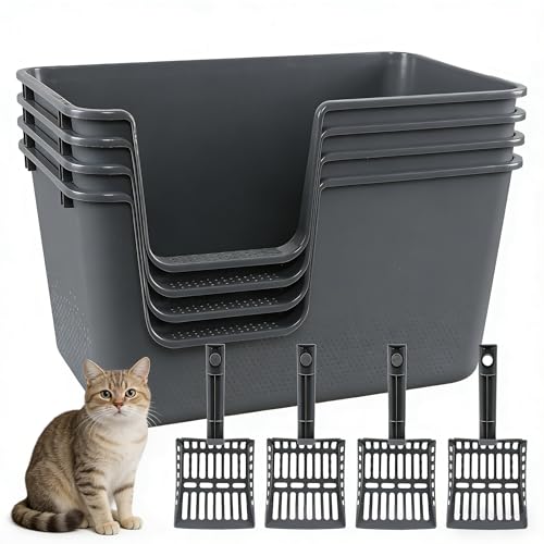 Extra Large Cat Litter Box with High Sides, Anti-Splashing Kitty Litter Box for Muti Cats, Open Big Cat Litter Pan, 4 Pack(Grey)