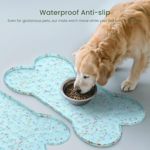 PWTAA Dog Food Mat Anti-Slip Silicone Dog Bowl Mat Thicker Pet Placemat Waterproof Cat Feeder Pad with Raised Edge Puppy Kitten Feeding Mats Suitable Small Medium-Sized Dogs Cats Eating Tray - 2PCS - color: Donut Blue, size: 19.4" x 9.8"-2PCS