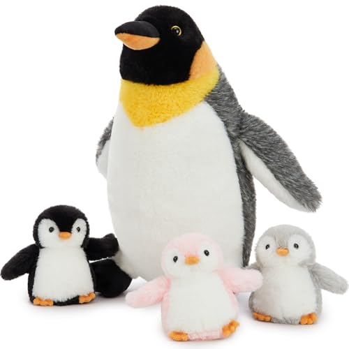 Penguin Plush with 3 Babies, 14 Inch Wind Up Stuffed Animal Set | 4Pcs Stuffed Penguin; Mother and Baby Plushies; Wind-Up Penguin Toy; Zipper Belly Storage; Christmas Birthday Gift for Kids - style: Penguin Black