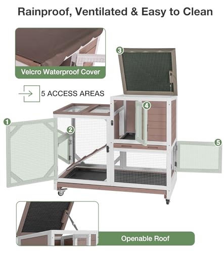 Rabbit Hutch 2-Story Wooden Bunny Cage with 2 Leak-Proof Sliding Trays, Chew-Proof Metal Mesh, Rainproof Cover, Indoor & Outdoor Guinea Pig House with Wheels - Brown - color: 39"L Brown