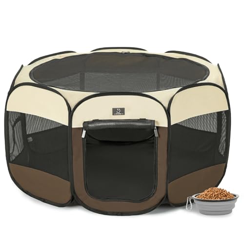A 4 Pet 40.55-in Dog Playpen, Small Dogs & Puppies, Brown+Beige | Includes bowl, waterproof floor, pop-up design, home/travel/outdoor use - color: Brown+Beige, size: M(40.55"x40.55"x20.5")
