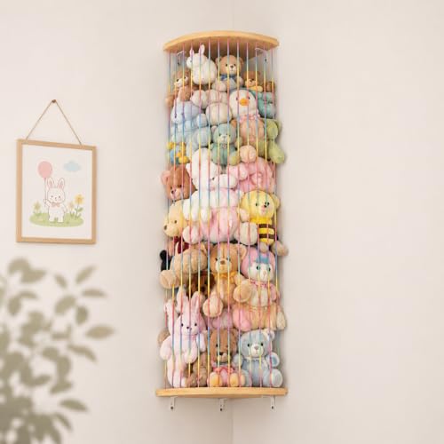 Corner Hammock Shelf with Adjustable Length, Wooden Hanging Wall Storage Organizer, Space Saving Net Shelf for Bedroom, Playroom and Home Décor - style: Rainbow sector