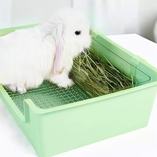 Rabbit Litter Box with Steel Grids, Low Entry Bunny Litter Pan with Hay Feeder & Broom, 15.4x11.2x4.7 inch for Rabbits Guinea Pigs Ferrets Small Animals (Green)