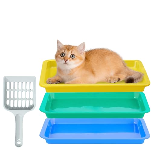 3 Pcs Kitten Litter Box,9.6"*7.2''*0.9'' Plastic Portable Small Litter Pan Low Entry Waterproof Bunny Cat Litter Box,Multi Color Nonstick Litter Tray Travel Toilet for Small Pet Guinea Pig Rabbit