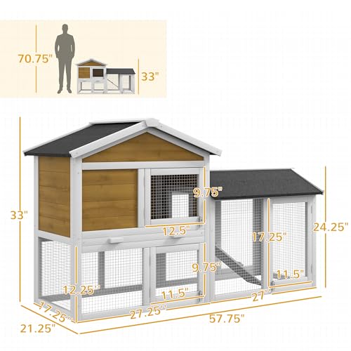 PawHut 58" Rabbit Hutch, Wooden Bunny Hutch, Guinea Pig Cage, Small Animal Enclosure with Run Area, Removable Tray, Asphalt Roof, Lockable Doors and Ramp, Nature Wood | Wooden Bunny Hutch, Guinea Pig Cage, Removable Tray, Asphalt Roof, Lockable Doors, for