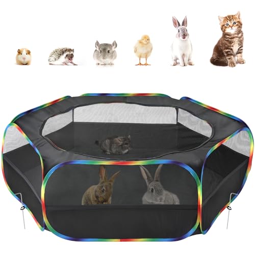 Pawaboo Small Animal Playpen with Zippered Cover, Black + Rainbow | Portable pop-up pet tent for supervised rabbits, guinea pigs, chicks and kittens; water-resistant bottom and 3 metal rods - color: Black + Rainbow