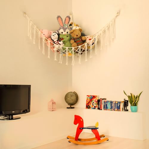 Stuffed Animals Net or Hammock with LED Light, 59 inch Toy Hammock Net for Stuffed Animals Corner Hanging Stuffed Animal Storage Stuffed Animal Holder for Nursery Kids Bedroom (White)