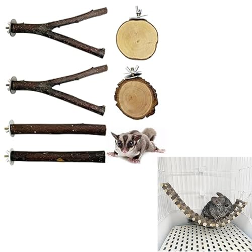 BNOSDM 6 Packs Wood Sugar Glider Toys Wooden Sugar Glider Perch Stand Climbing Hanging Cage Accessories and 19.7"" X 3.9"" Long Chinchilla Climbing Toys Natural Wood Hanging Bridge Swing Ladder Rat