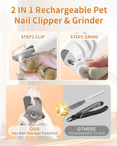 2-in-1 Dog & Cat Nail Clippers & Grinder with LED Light to Avoid the Quick | Quiet USB Rechargeable Pet Nail Trimmer with Safety Guard for Small Medium Large Pets