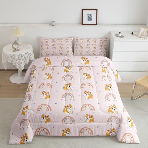 Dog Bedding Set for Kids, Cute Pug Rainbow Comforter Set King, Cartoon Love Heart Down Comforter for Boys Girls Children Bedroom, Cartoon Animal Puppy Quilted Duvet 3Pcs with 2 Pillow Cases, Pink - color: Multi 36, size: King