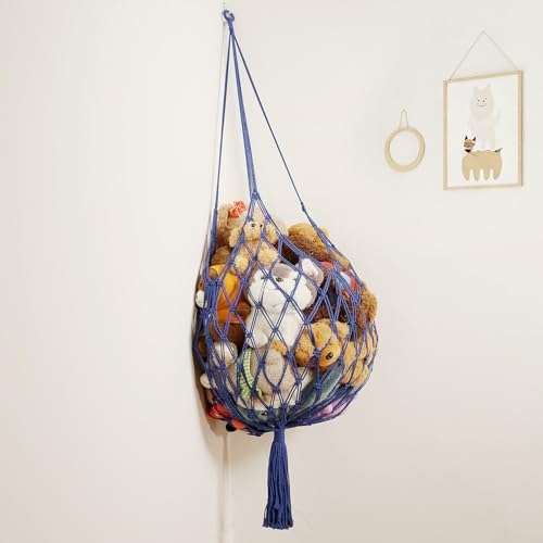 Stuffed Animal Storage Hammock Corner Hanging Net Stuffy Animal Hammock Macrame Toy Display Plush Toy Holder for Kid Bedroom Decor Boho Nursery Playroom Organizer (Blue) - color: Blue