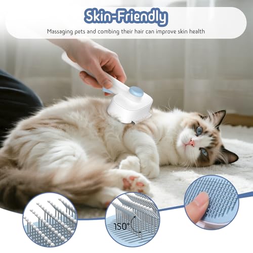 Dog & Cat Brush for Shedding, 2-in-1 Self Cleaning Deshedding Brush | Adjustable Bristle Length with Dematting Comb Skin Friendly Fur Shedding Removal Tool for Long Medium Long Hair Pets (Blue) - color: Blue
